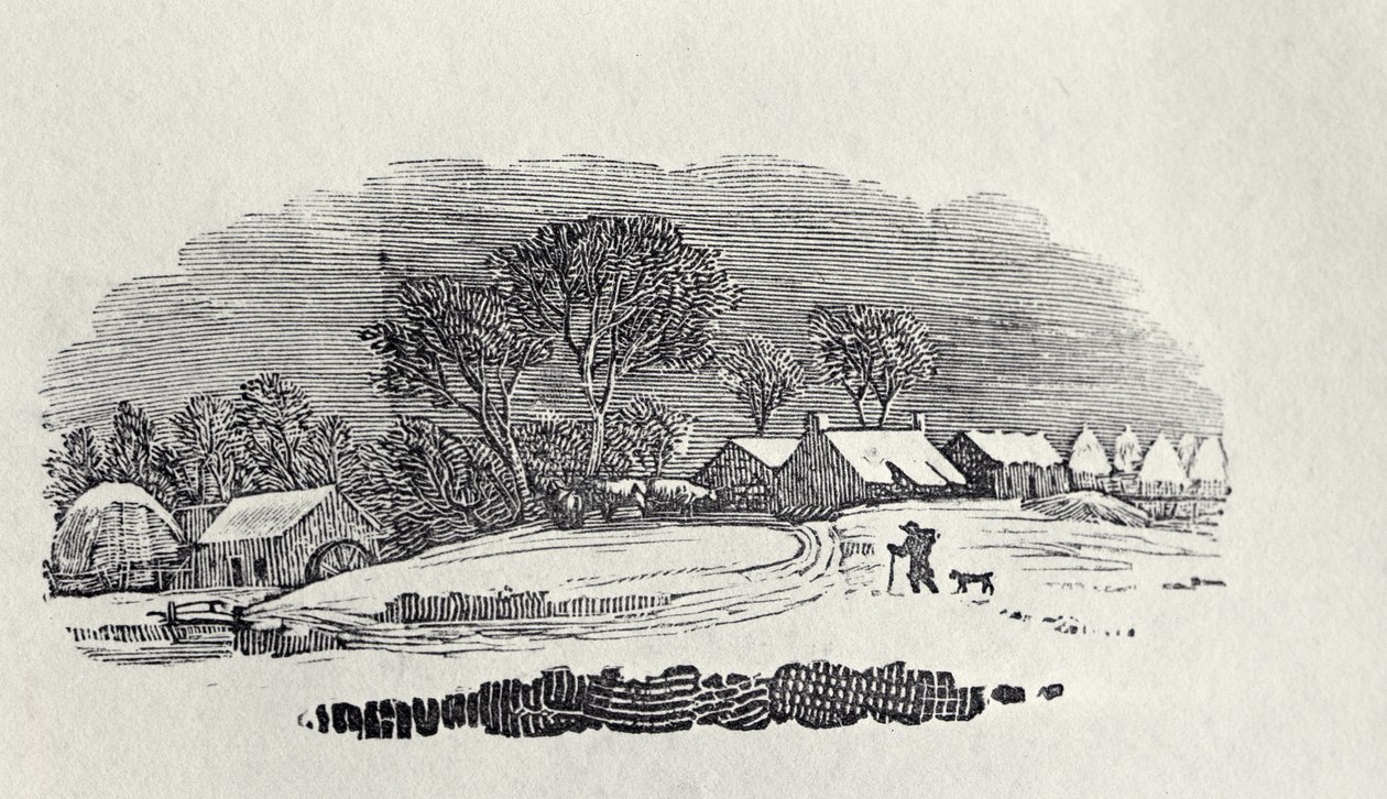 Zbliżanie się do wioski zimą, z „Cworonogów”, wydanie 4, 1800 (drewno) autorstwa Thomas Bewick