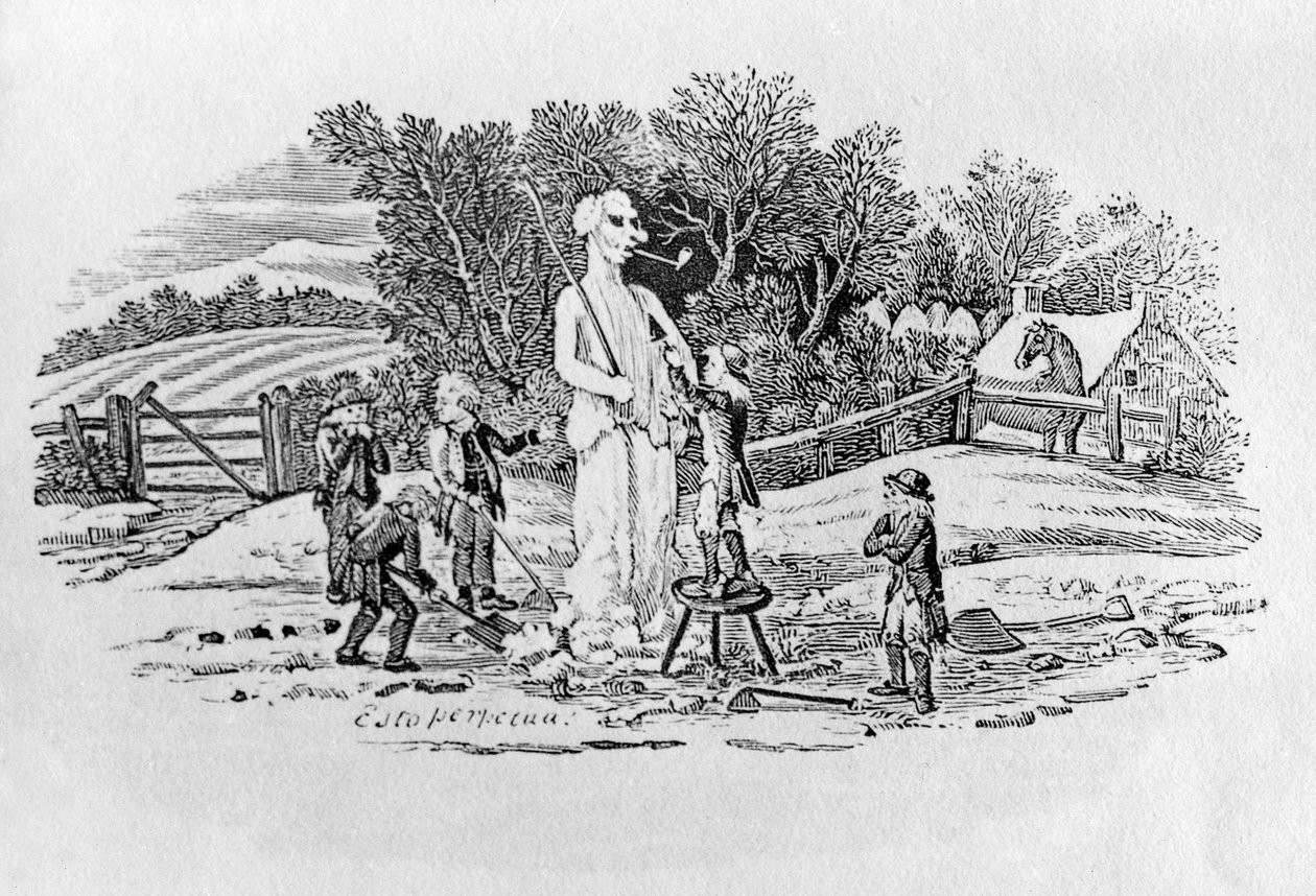 Bałwan w Cherryburn (Esto Perpetua), z Land Birds, c. 1797 (wwod grawerowanie) autorstwa Thomas Bewick