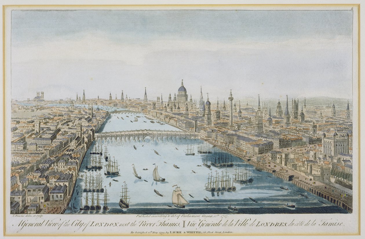 A General View of the City of London and the River Thames, tablica 2 z "Views of London", rytowana przez artystę, wydana przez Laurie and Whittle, 1794. autorstwa Thomas Bowles