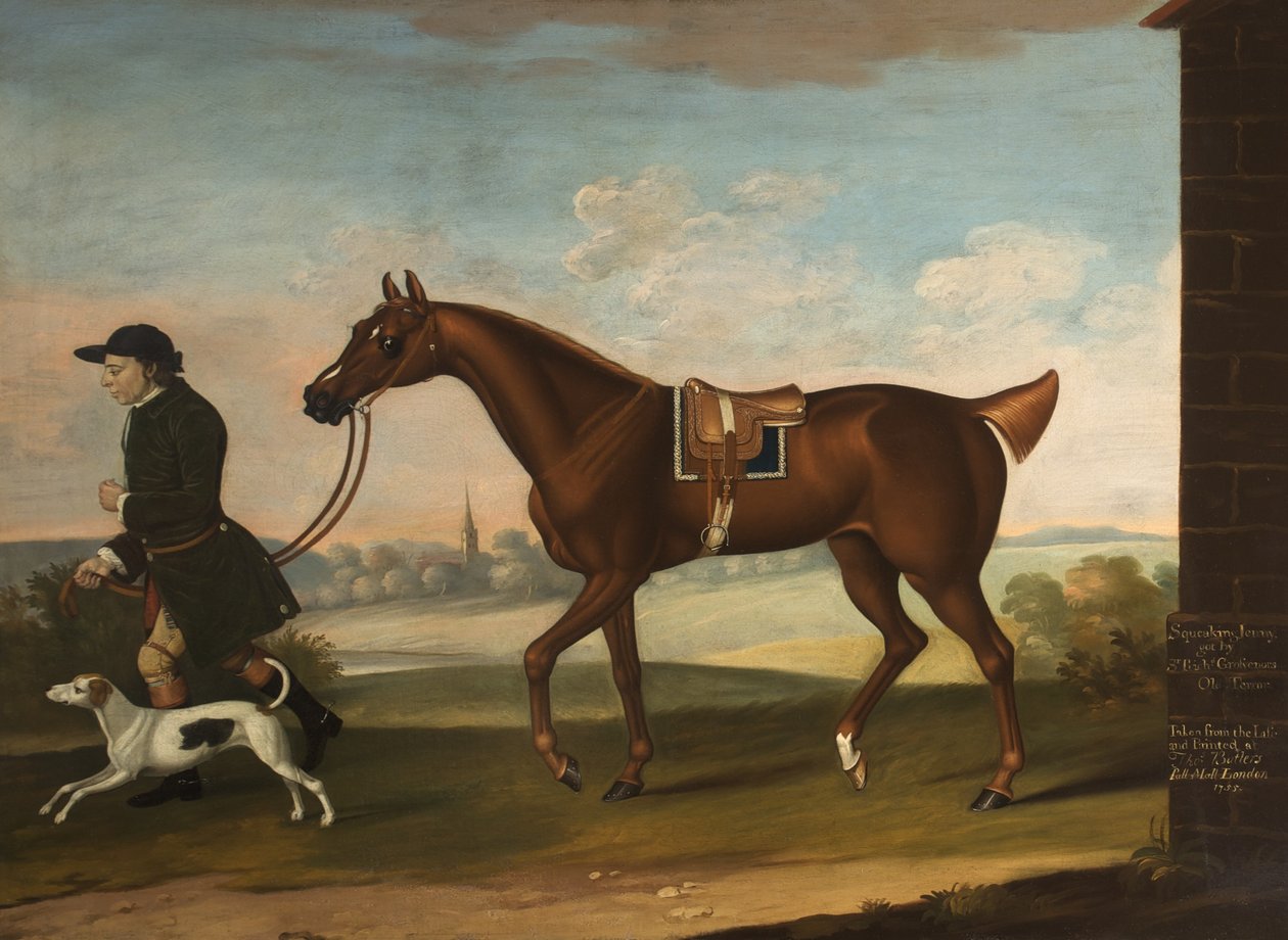 Piszcząca Jenni Dostała przez Sir Richarda Grosvenorsa Old Terror z Sir P. B. Leicesters Groom and Hound, 1755 autorstwa Thomas, of Pall Mall Butler