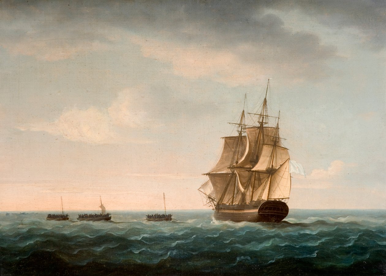 Uratowanie załogi strażnika przez francuski statek handlowy, 2 stycznia 1790 r. autorstwa Thomas Buttersworth