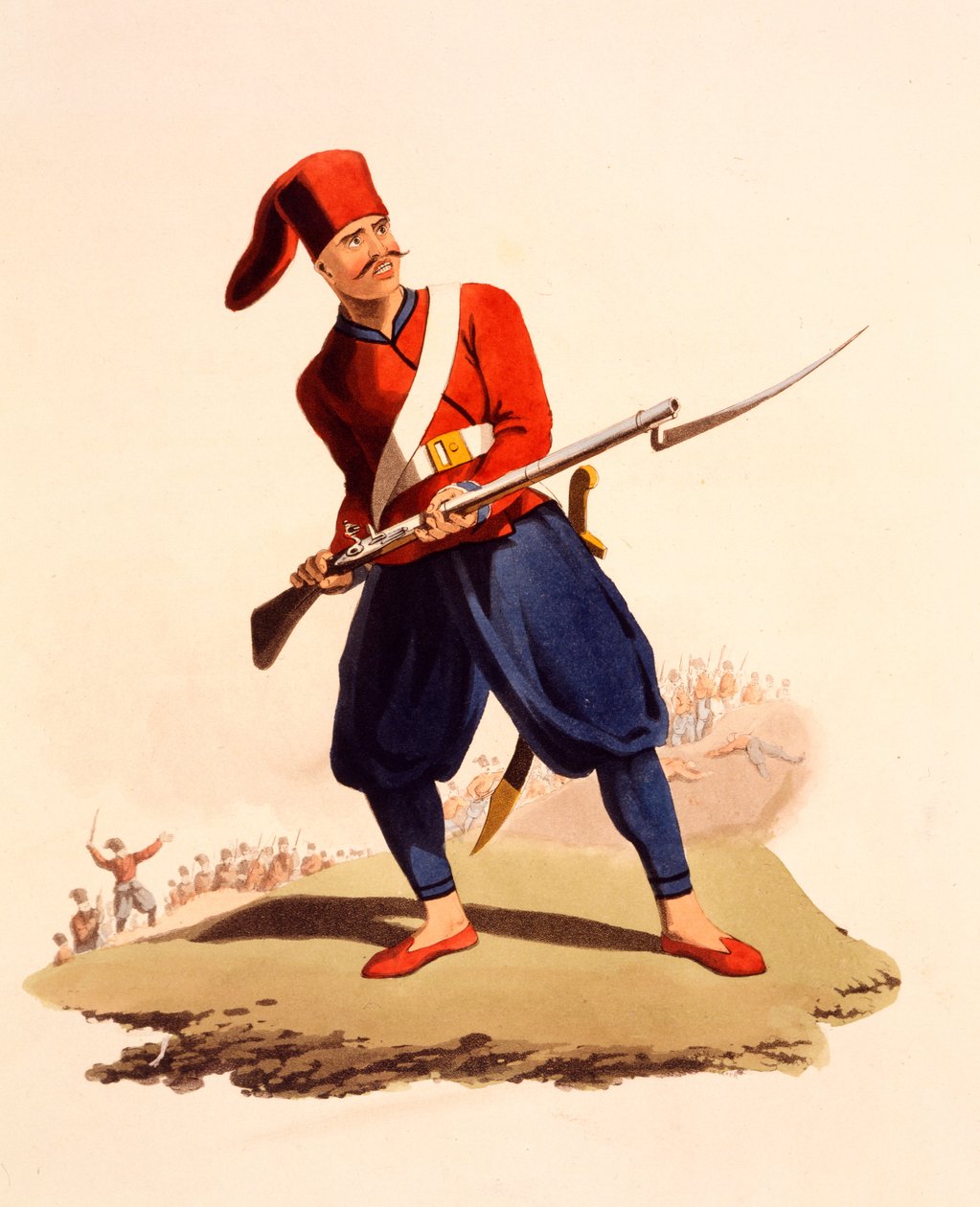 Oficer piechoty europejskiej armii osmańskiej, z „Strój wojskowy Turcji”, opublikowany w 1818 r. (akwatinta ręcznie kolorowana) autorstwa Thomas Charles Wageman