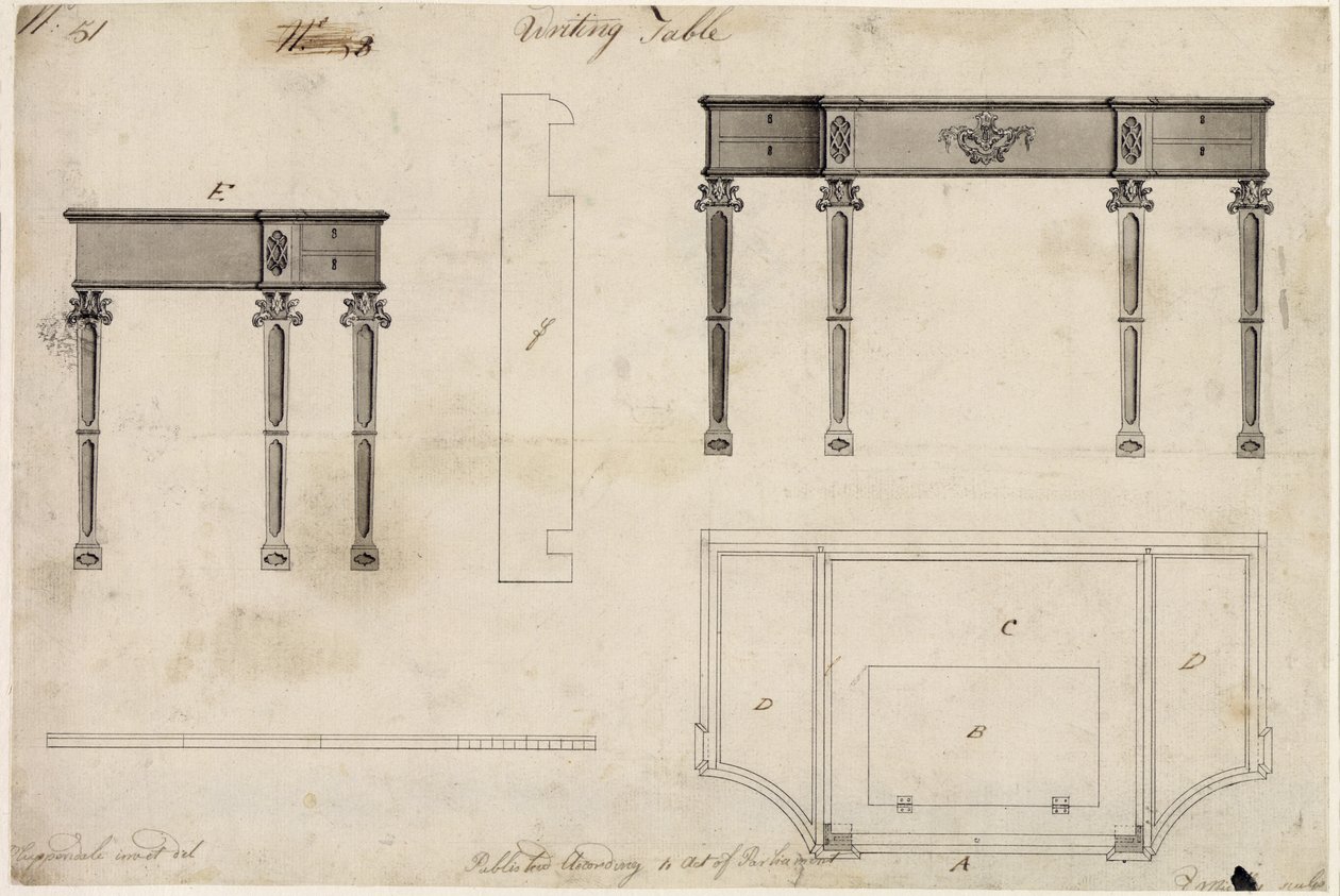 Projekt stolika do pisania (pióro i tusz z szarym rozmyciem na graficie na papierze tkanym) autorstwa Thomas Chippendale