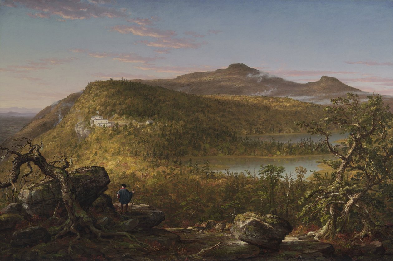 Widok na dwa jeziora i dom górski, góry Catskill, poranek (1844) autorstwa Thomas Cole