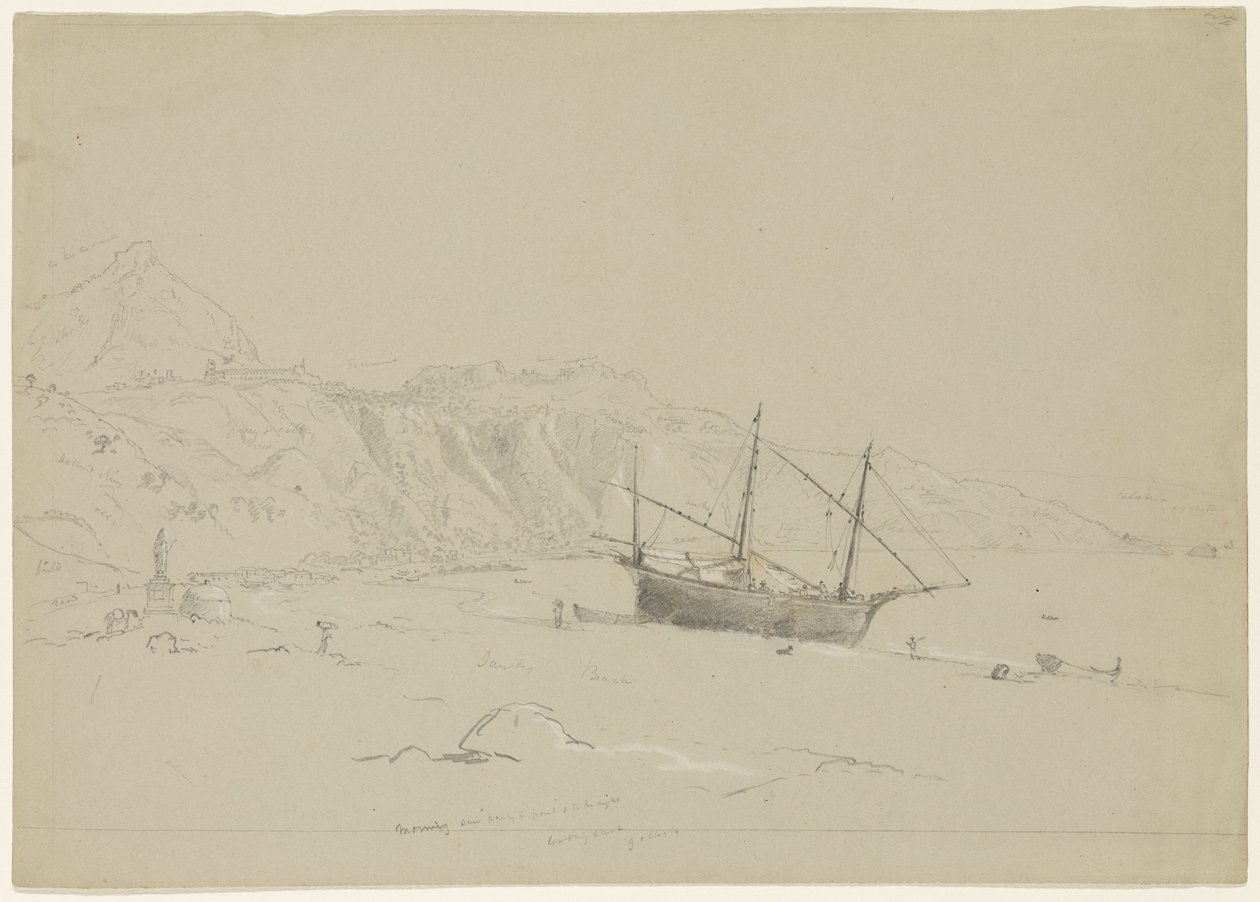 Łódź na plaży w pobliżu Taorminy, Sycylia, 1842 (ołówek podkreślony białą kredą na papierze) autorstwa Thomas Cole