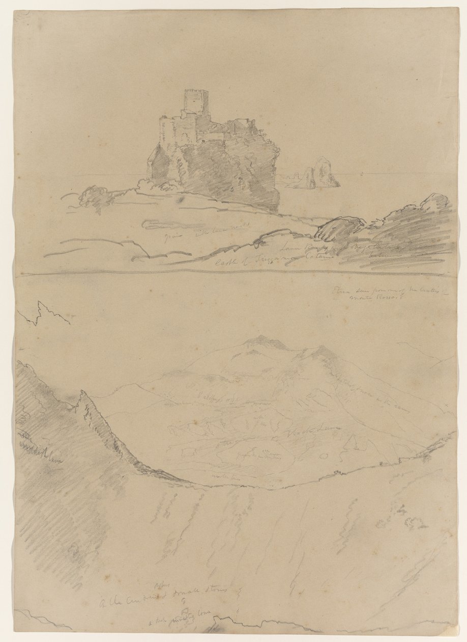 Zamek Trezza w pobliżu Katanii i Etny, widziany z Monte Rosso, a także z jednego z kraterów Monte Rosso, Sycylia, 1842 autorstwa Thomas Cole