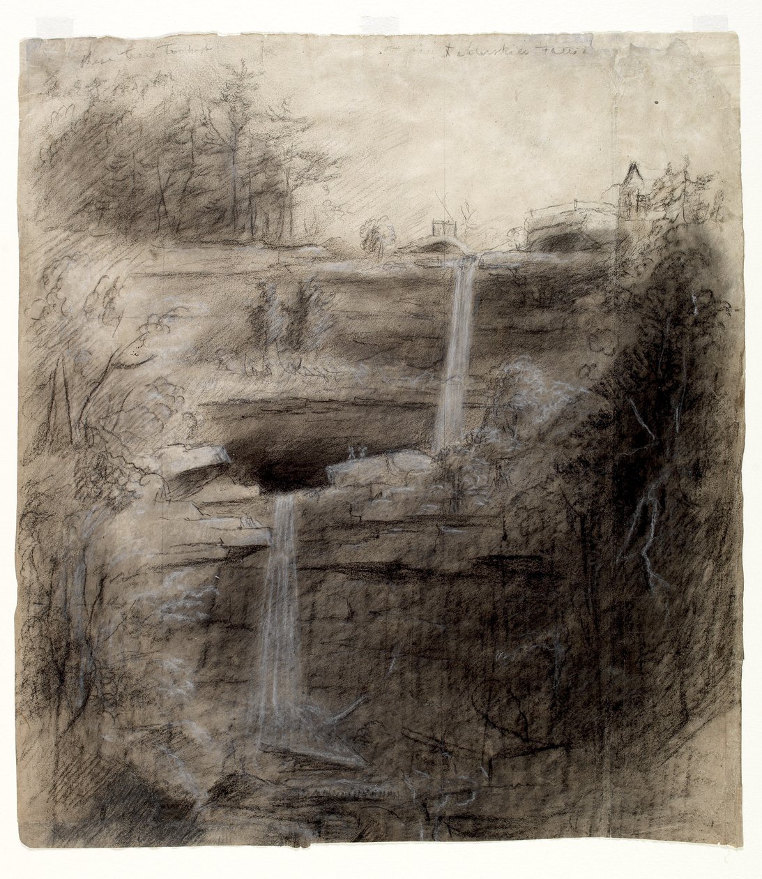 Podwójny wodospad - Kaaterskill Falls, 1826 (węgiel, czarno-biała kredka i grafitowy ołówek na papierze) autorstwa Thomas Cole