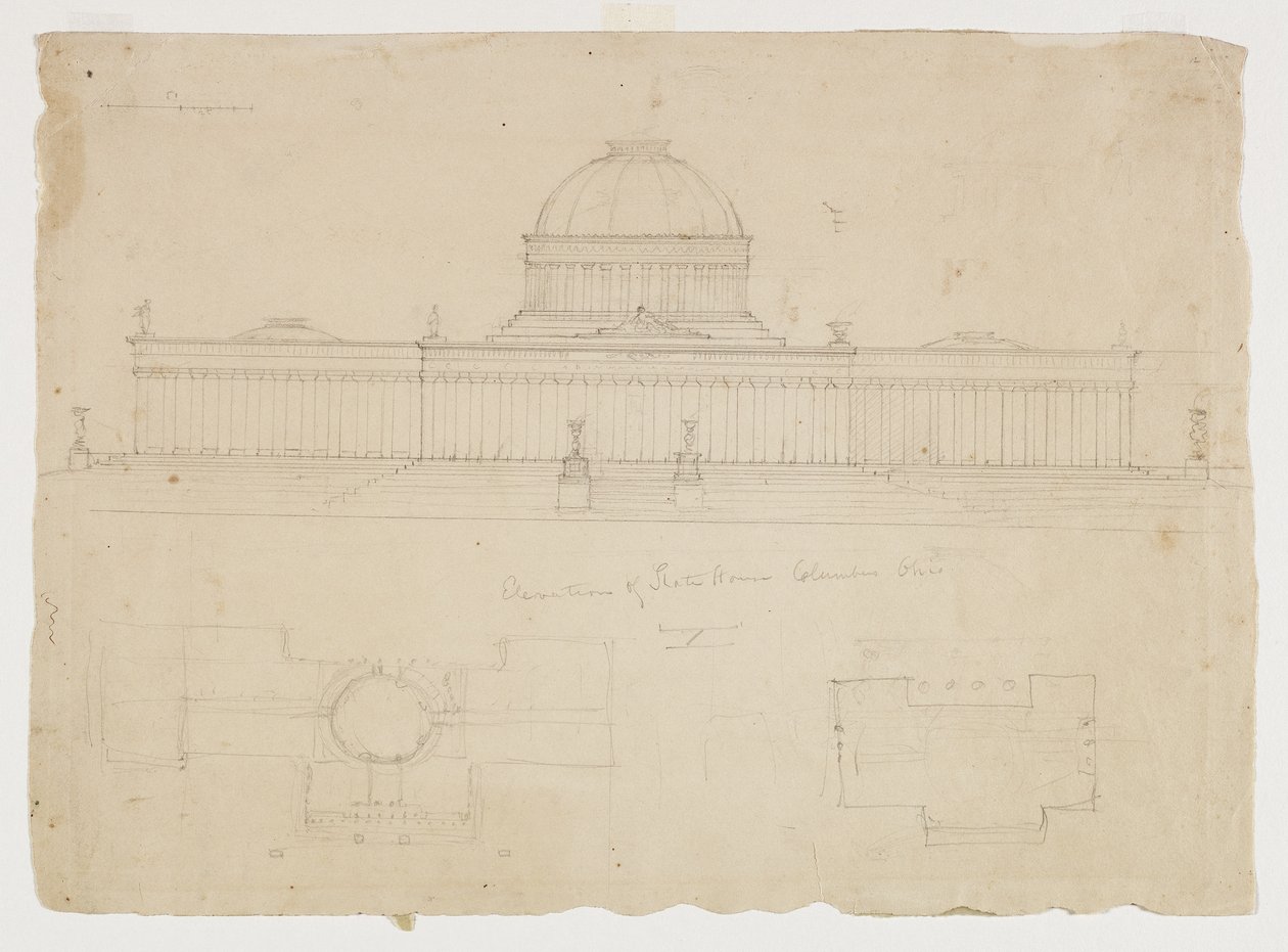 Elewacja Domu Stanowego, Columbus, Ohio, c.1838 (grafitowy ołówek na beżowym papierze tkanym) autorstwa Thomas Cole