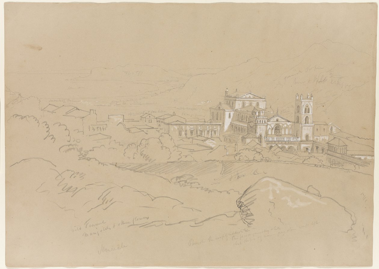 Monreale, Sycylia, 1842 (ołówek podkreślony białą kredą na papierze) autorstwa Thomas Cole