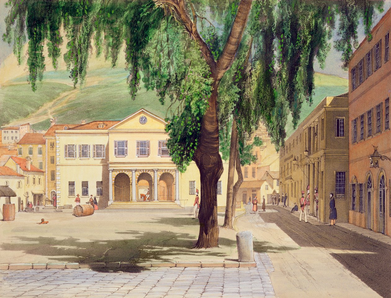 Commercial Square, Commercial Library and the Main Guard, City of Gibraltar, zilustrowane w „Select Views of the Rock and Fortress of Gibraltar” J.M. Carter, 1845 (patrz także 22966 autorstwa Thomas Colman Dibdin