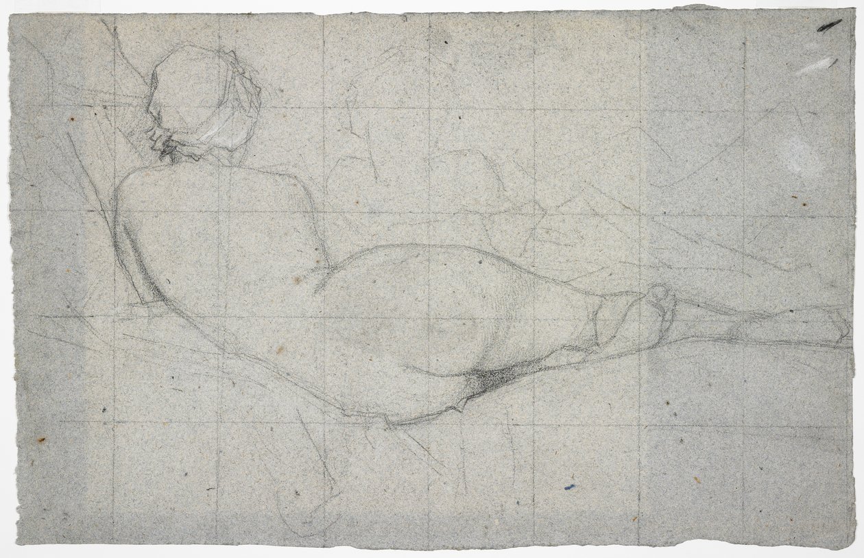 Akt kobiecy w pozycji leżącej i częściowe studium drugiej postaci kobiecej, ok. 1855-60 (czarna i biała kreda na niebiesko-szarym papierze) autorstwa Thomas Couture