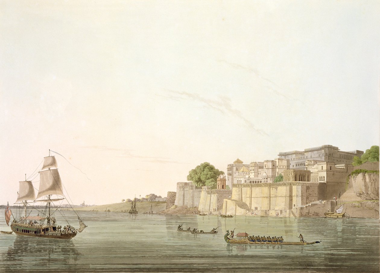 Ramnugur, niedaleko Benares, nad Gangesem, z „Pejzaż orientalny: dwadzieścia cztery widoki w Hindoostanie”, 1796 autorstwa Thomas Daniell