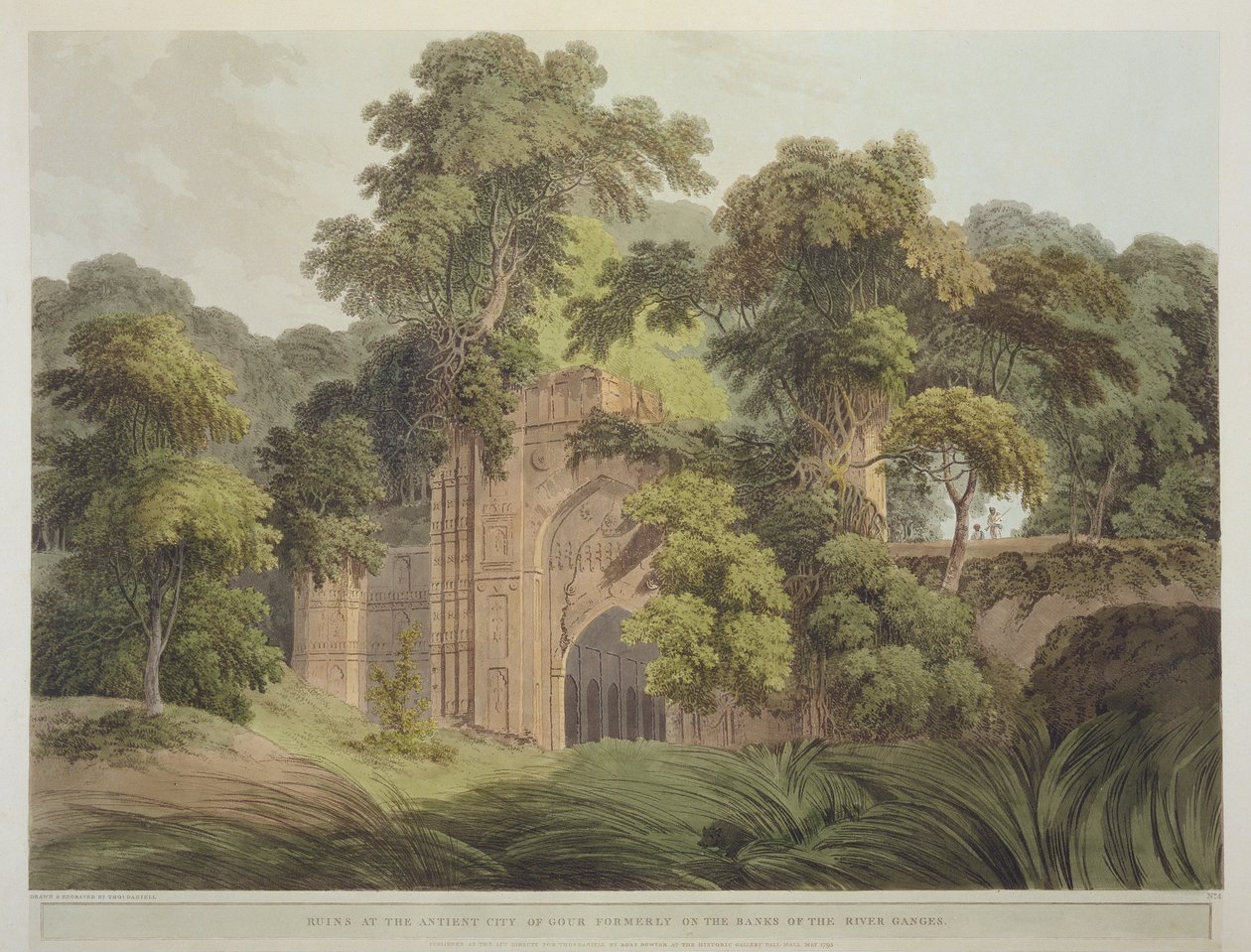 Ruiny starożytnego miasta Gour, dawniej nad brzegiem Gangesu, z „Oriental Scenery: Twenty Four Views in Hindoostan”, 1795 autorstwa Thomas Daniell