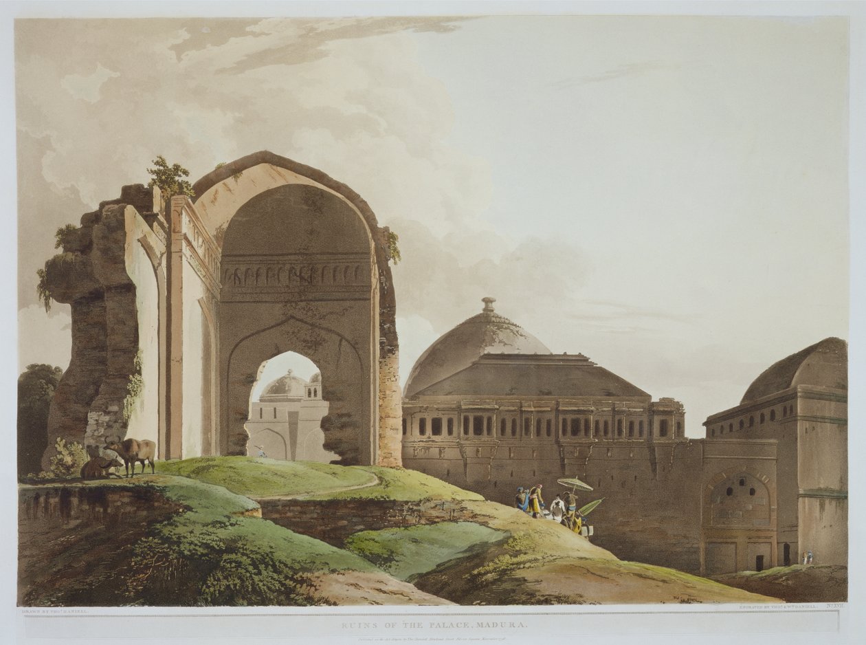 Ruiny Pałacu, Madura, tablica 17 z części II scenografii orientalnej, rytowana przez artystę i Williama Daniella (1769-1837) 1798 (akwatinta) autorstwa Thomas Daniell