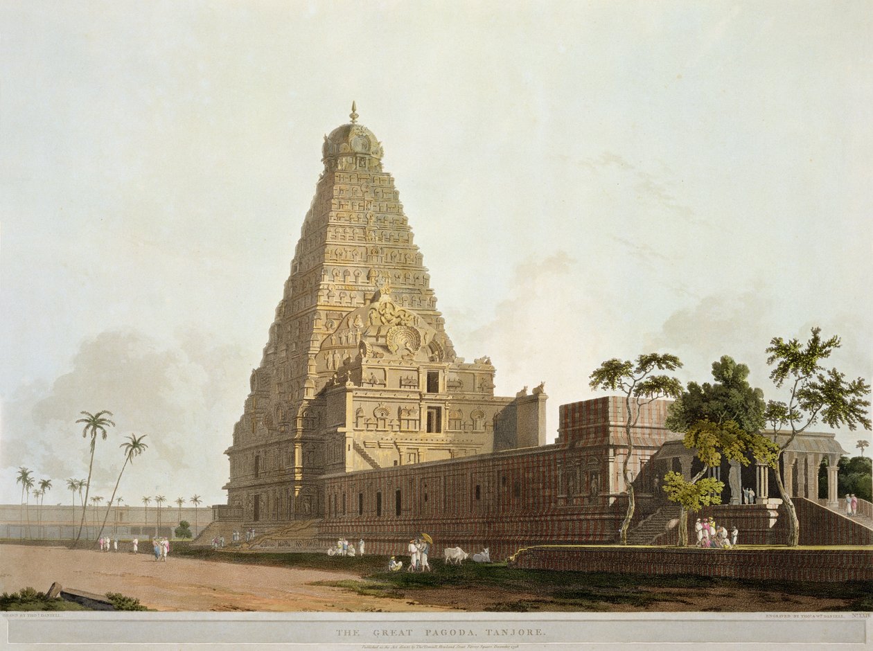 Wielka Pagoda, Tanjore, tablica XXIV z "Oriental Scenery", opublikowana w 1798 r. (akwatinta barwna) autorstwa Thomas Daniell
