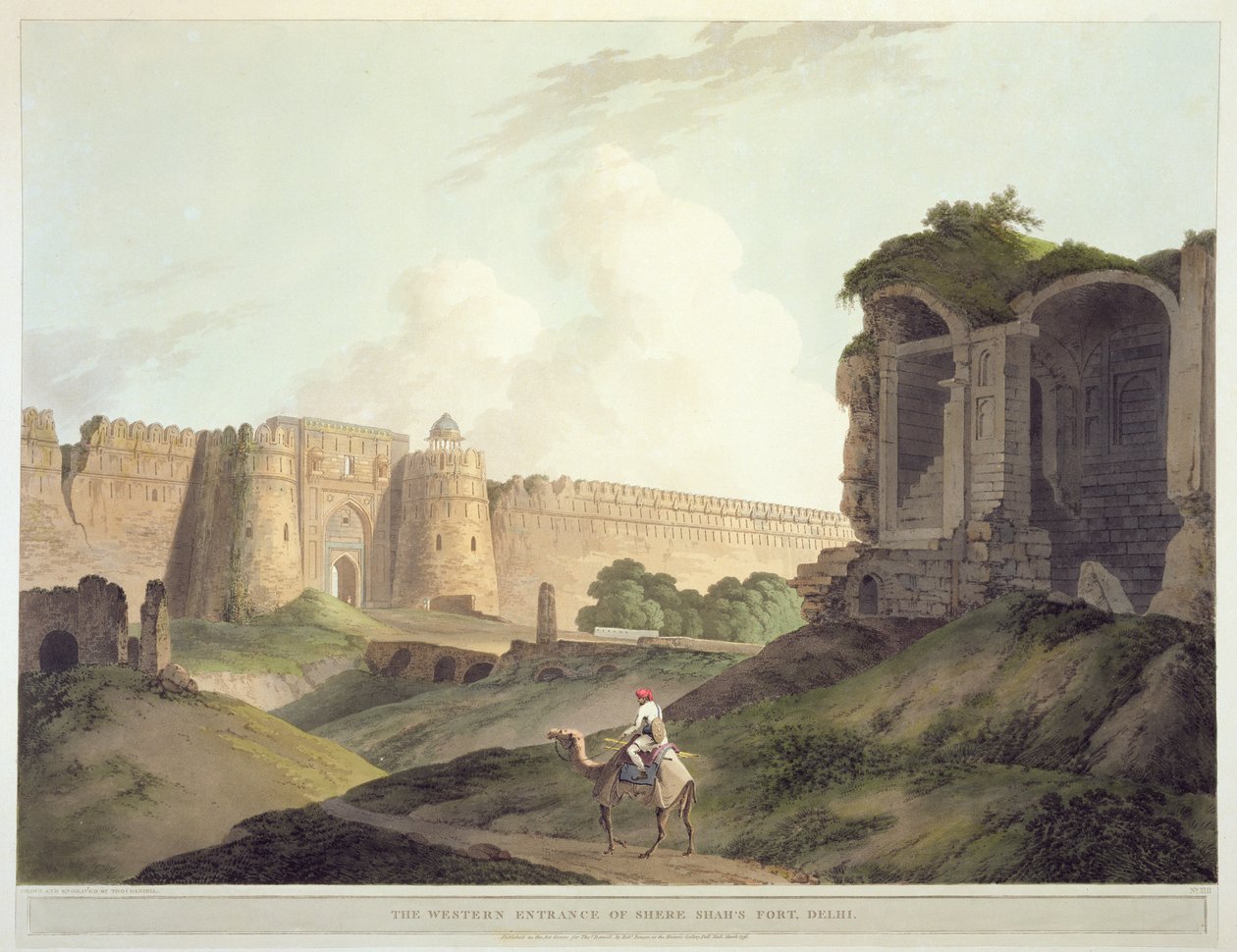 Zachodnie wejście do fortu Shere Shah w Delhi, z „Pejzaż orientalny: dwadzieścia cztery widoki w Hindoostanie”, 1796 autorstwa Thomas Daniell