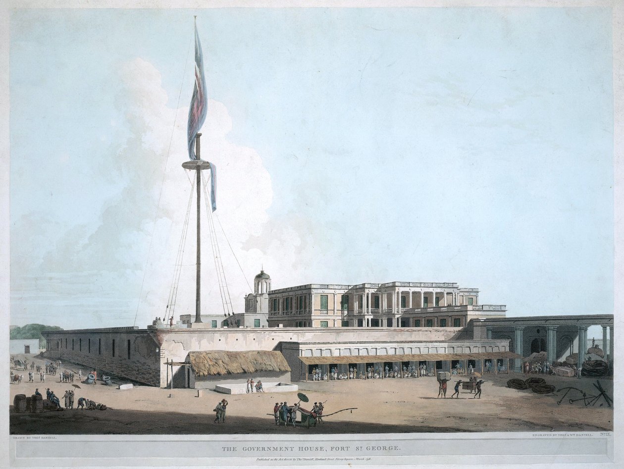 Dom rządowy w Ft. św. Jerzego w Madrasie. 1804 autorstwa Thomas Daniell