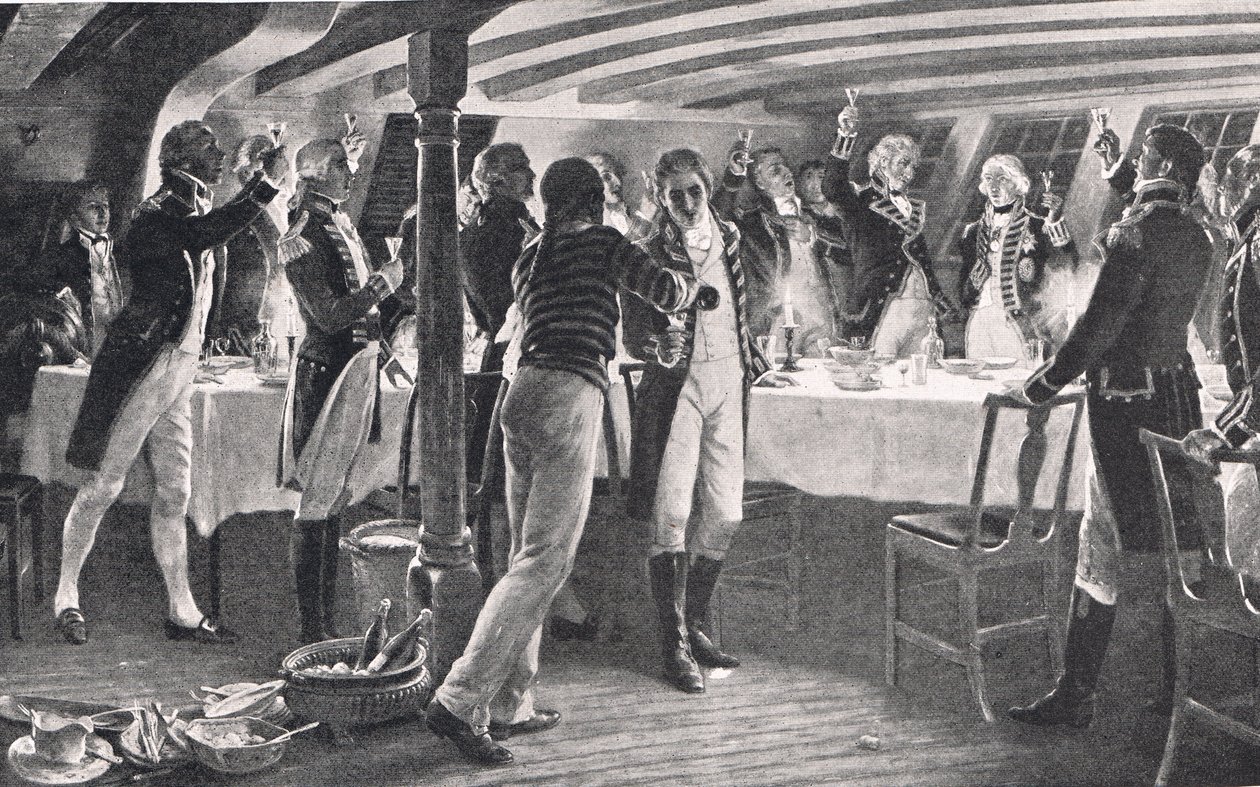 The Evening Before The Battle of Copenhagen, ilustracja z "British Battles on Land and Sea", wydana przez Cassell, Londyn, ok. 1910 r. autorstwa Thomas Davidson