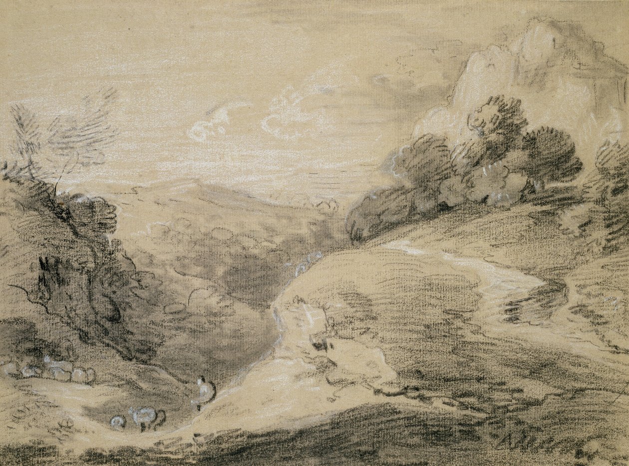 Pagórkowaty krajobraz z pasterzem i owcami (czarno-biała kreda na papierze płowym) autorstwa Thomas Gainsborough