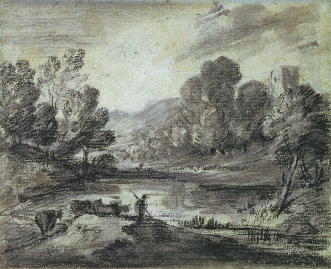 Pagórkowaty krajobraz, ok. 1775-80 (czarna kreda, kikut i biała kreda na niebieskim papierze) autorstwa Thomas Gainsborough