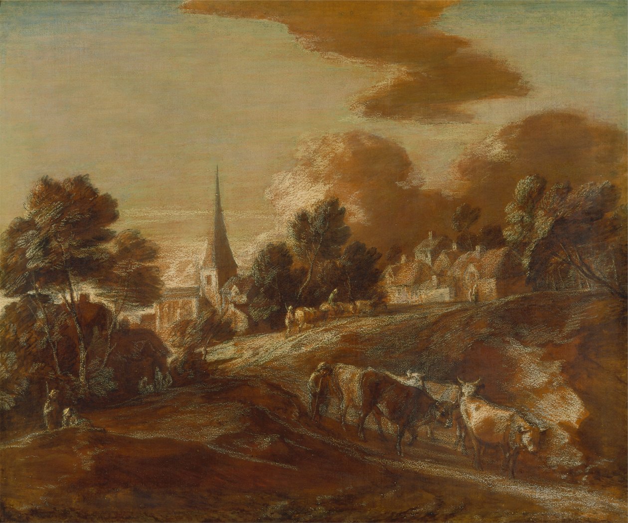 Wyimaginowana zalesiona wioska z poganiaczami i bydłem autorstwa Thomas Gainsborough