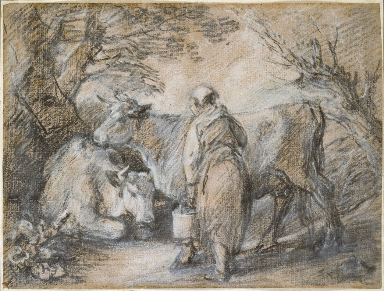 Dojarka z dwoma krowami (czarna kreda i kikut podwyższony białą, na grubym papierze przygotowanym na różowo) autorstwa Thomas Gainsborough