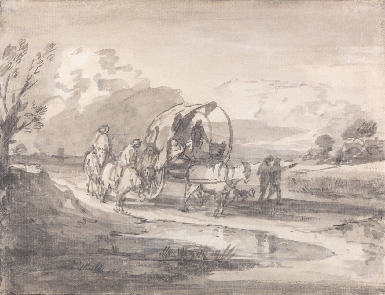 Otwarty krajobraz z jeźdźcami i krytym wozem autorstwa Thomas Gainsborough