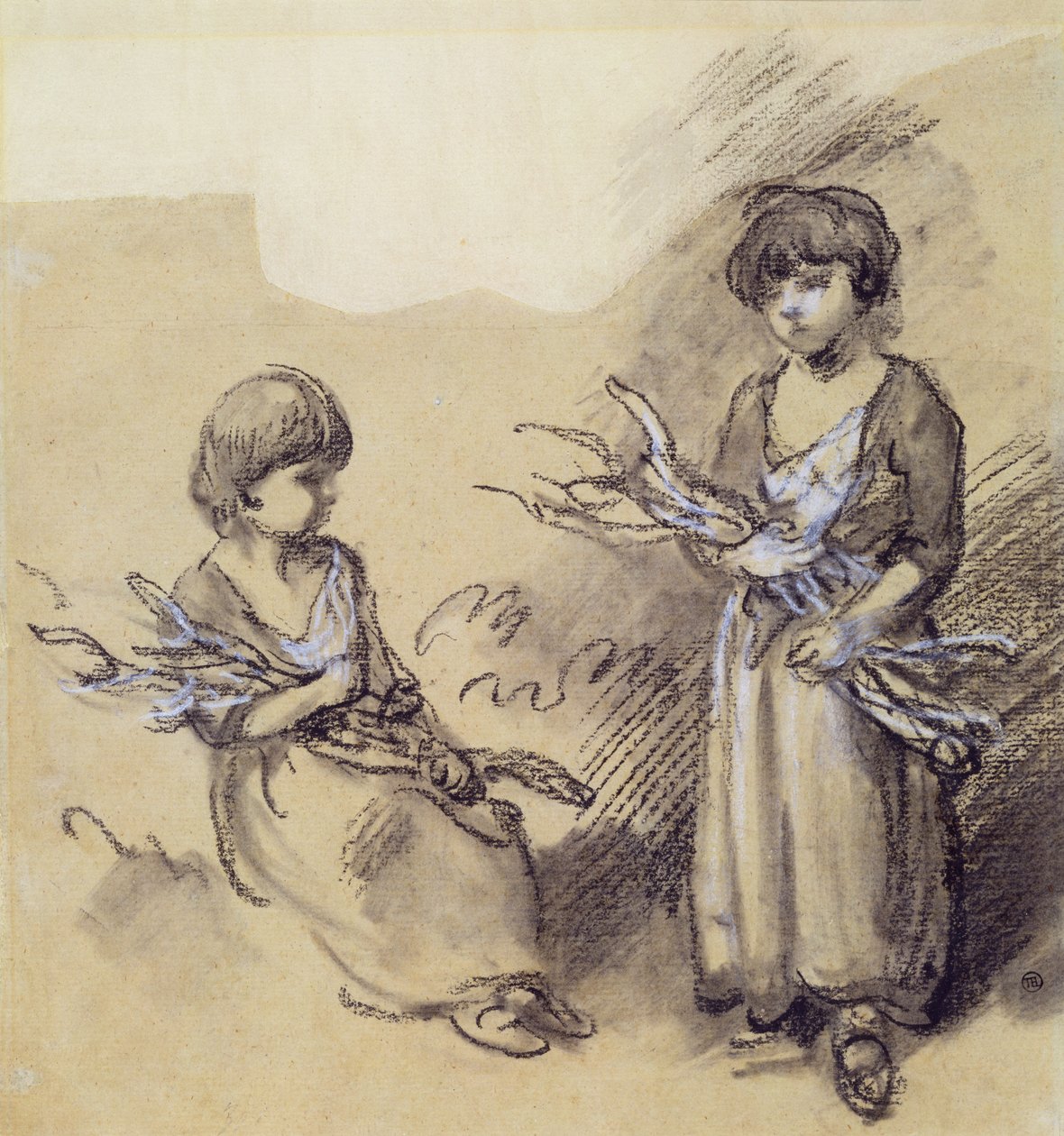 Study of Girls Carrying Fagots (kreda wzmocniona bielą na papierze) autorstwa Thomas Gainsborough