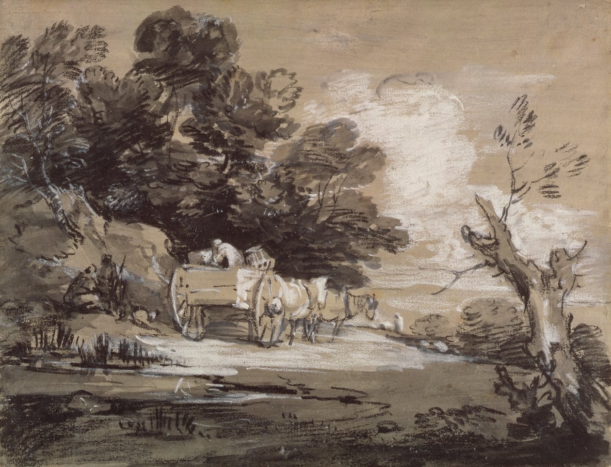 Zalesiony krajobraz z wiejskim wózkiem i figurami, ok. 1785-88 (czarna i biała kreda z wash na papierze) autorstwa Thomas Gainsborough