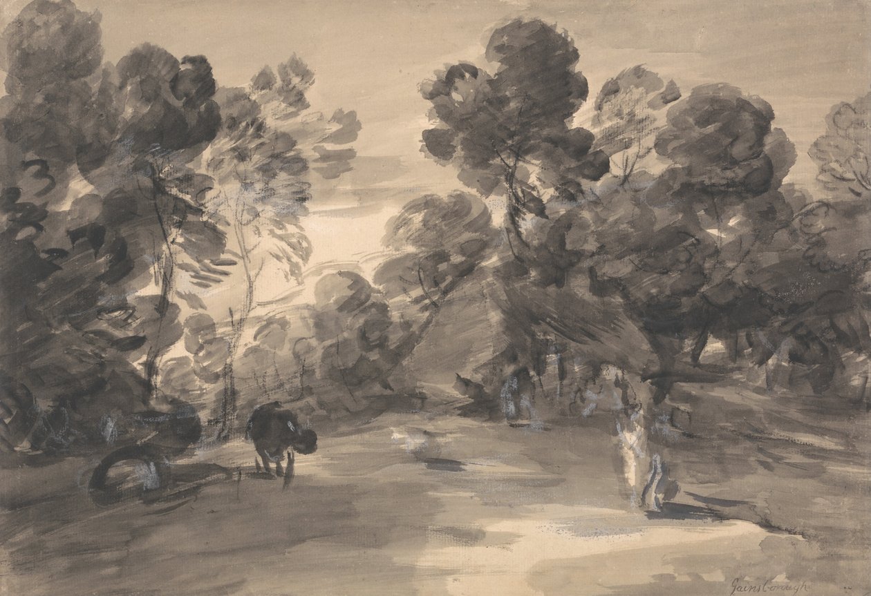 Zalesiony krajobraz z postaciami, domkiem i krową autorstwa Thomas Gainsborough