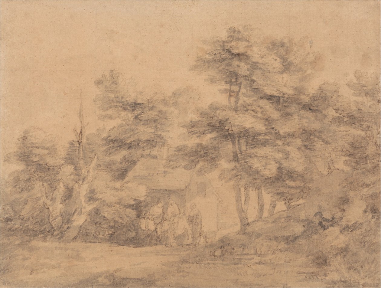 Zalesiony krajobraz z postaciami, osłami i domkiem autorstwa Thomas Gainsborough