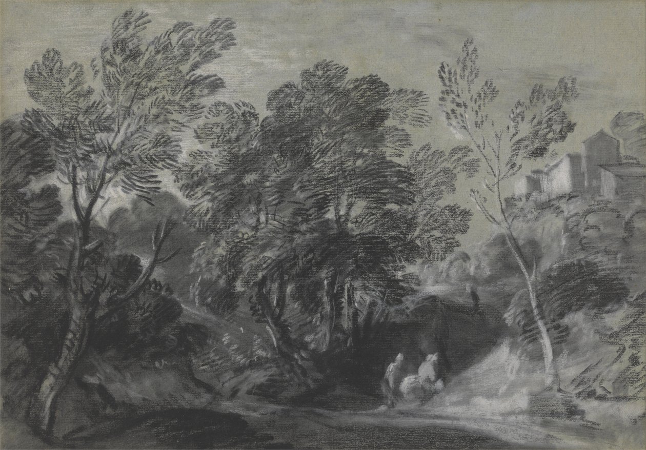 Zalesiony krajobraz z postaciami i domami na wzgórzu autorstwa Thomas Gainsborough