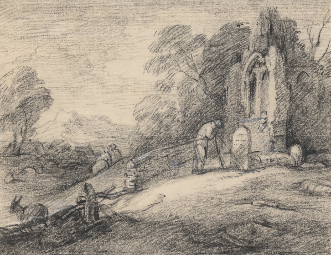 Zalesiony krajobraz z chłopem czytającym napis na nagrobku obok zrujnowanego kościoła, figury,... autorstwa Thomas Gainsborough