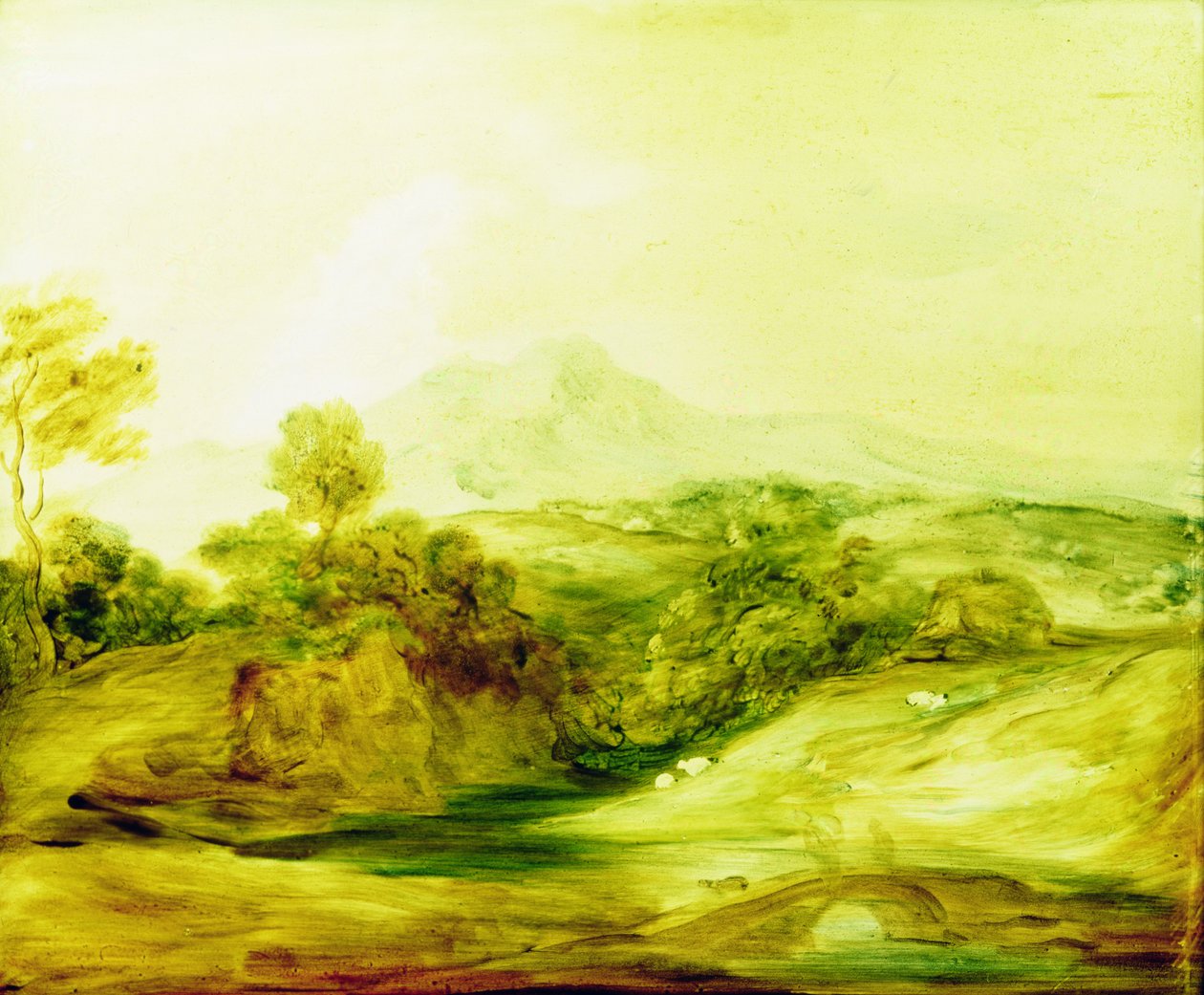 Zalesiony krajobraz rzeki z postaciami na moście, ok. 1783-4 (farba na szkle) autorstwa Thomas Gainsborough