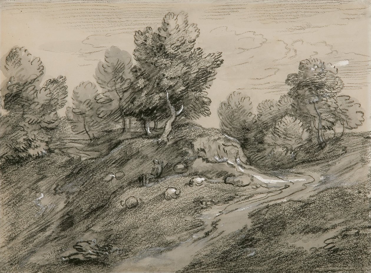 Zalesiony, wyżynny krajobraz z pasterzami i owcami oraz wiejskim szlakiem wijącym się wokół pagórka autorstwa Thomas Gainsborough