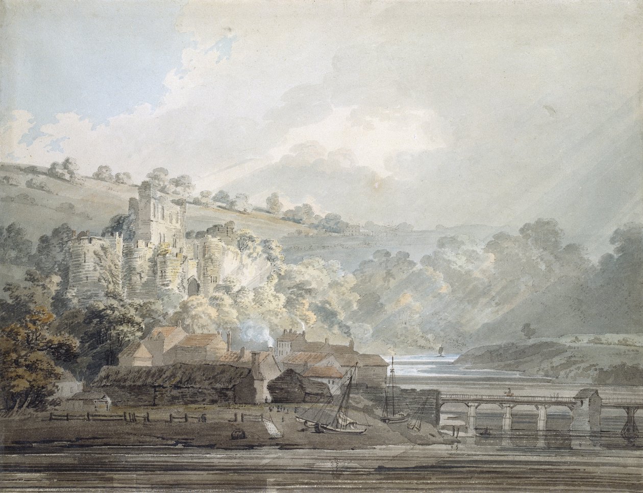 Widok Chepstow, Monmouthshire, c.1791-92 (akwarela dotknięta długopisem i czarnym tuszem nad oznaczeniami w graficie) autorstwa Thomas Girtin