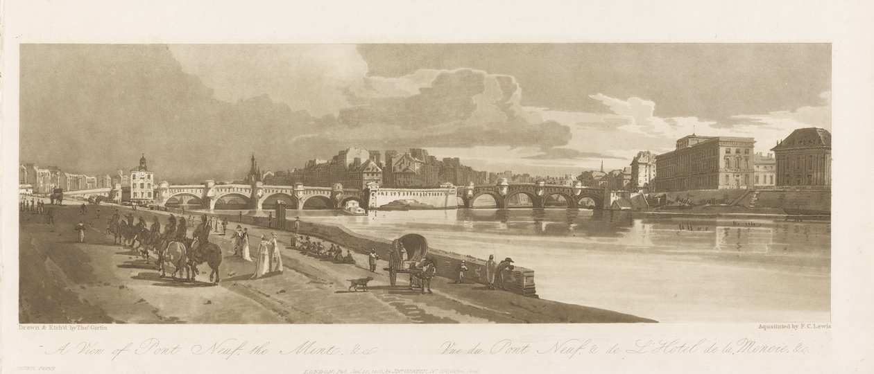 Widok na Pont Neuf, The Mint & etc, ok. 1802 (akwaforta na miękkim podłożu, sucha igła i wc na papierze) autorstwa Thomas Girtin