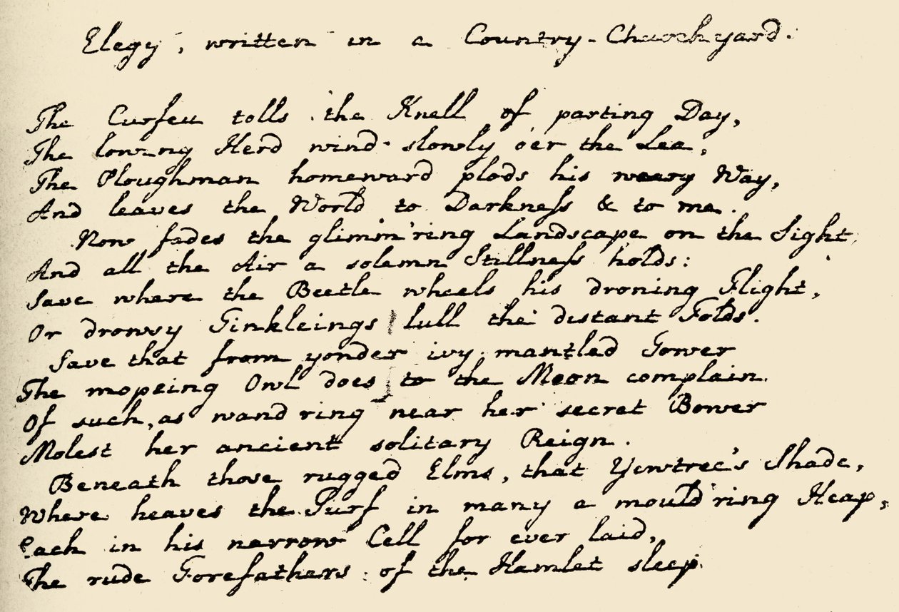Strona z Elegy Graya, c.1742-49 (pióro i atrament na papierze) autorstwa Thomas Gray