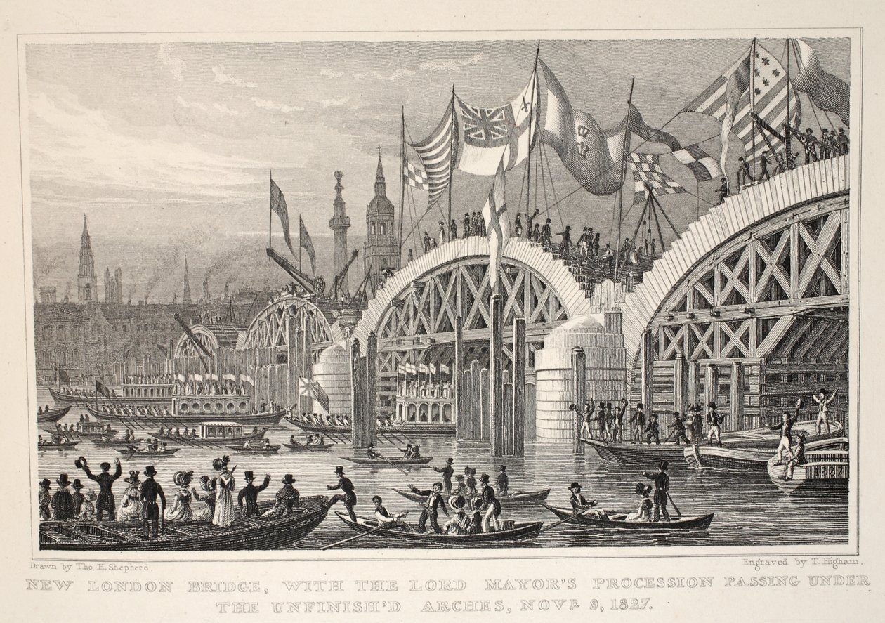 New London Bridge, z procesją Lorda Burmistrza przechodzącą pod Niedokończonymi Łukami, 8-9 listopada 1827, z pubu „Londyn i jego okolice w XIX wieku”. Jones und Co., 1827-1829 autorstwa Thomas Hosmer Shepherd