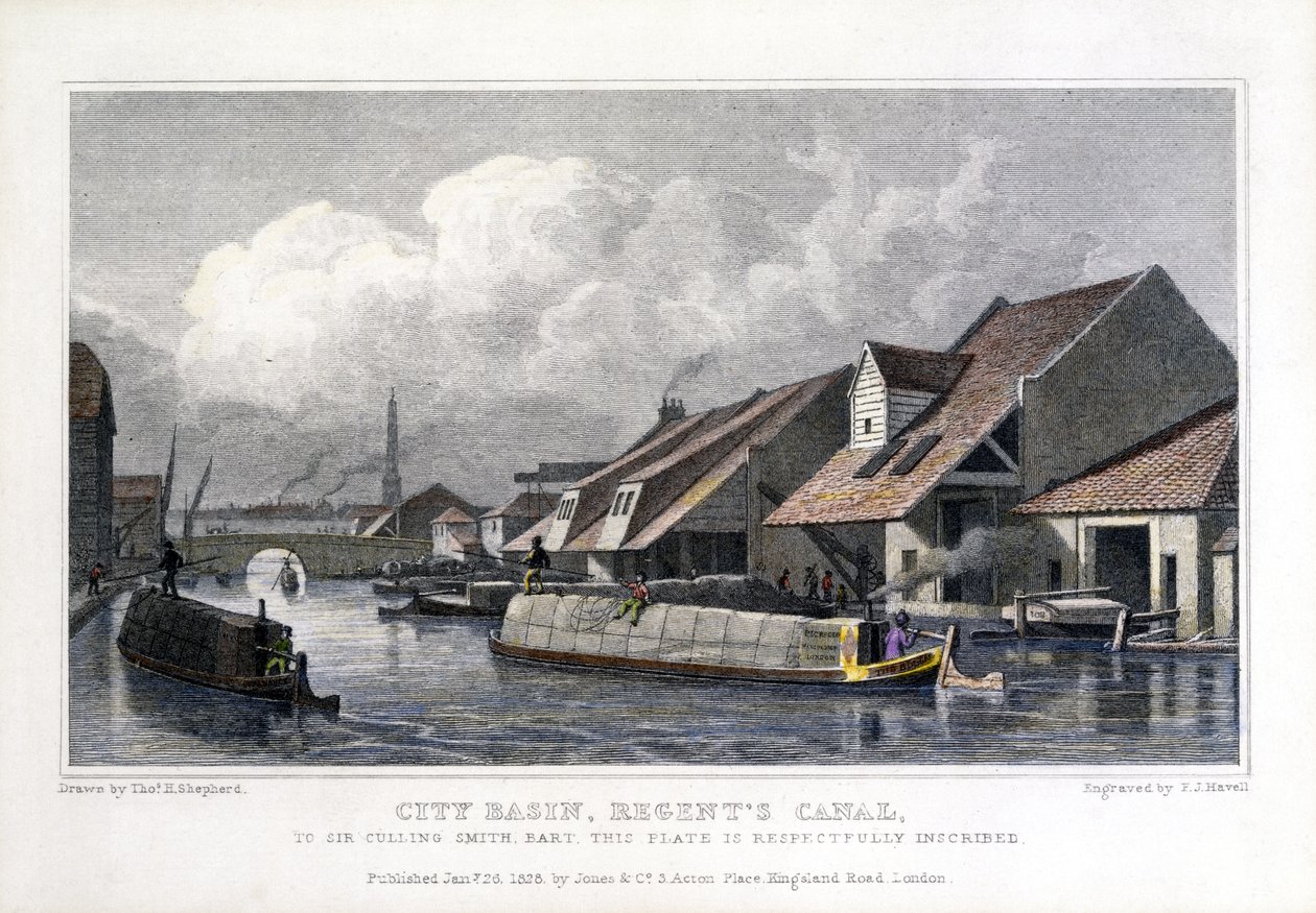 City Basin, Regents Canal, grawerowane przez FJ Havell, 1827 autorstwa Thomas Hosmer after Shepherd