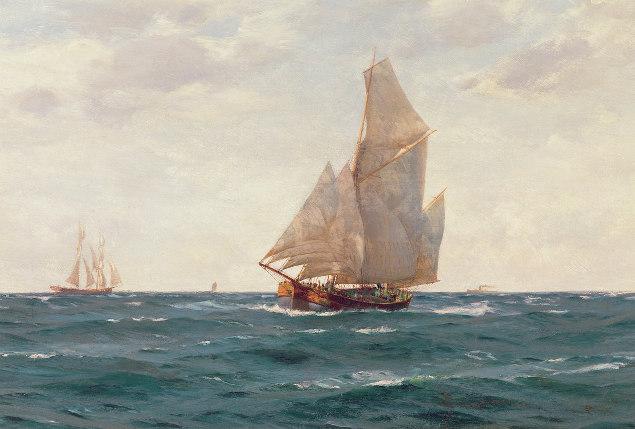 Kecz i brygantyna u wybrzeży, ok. 1905 r. autorstwa Thomas J. Somerscales
