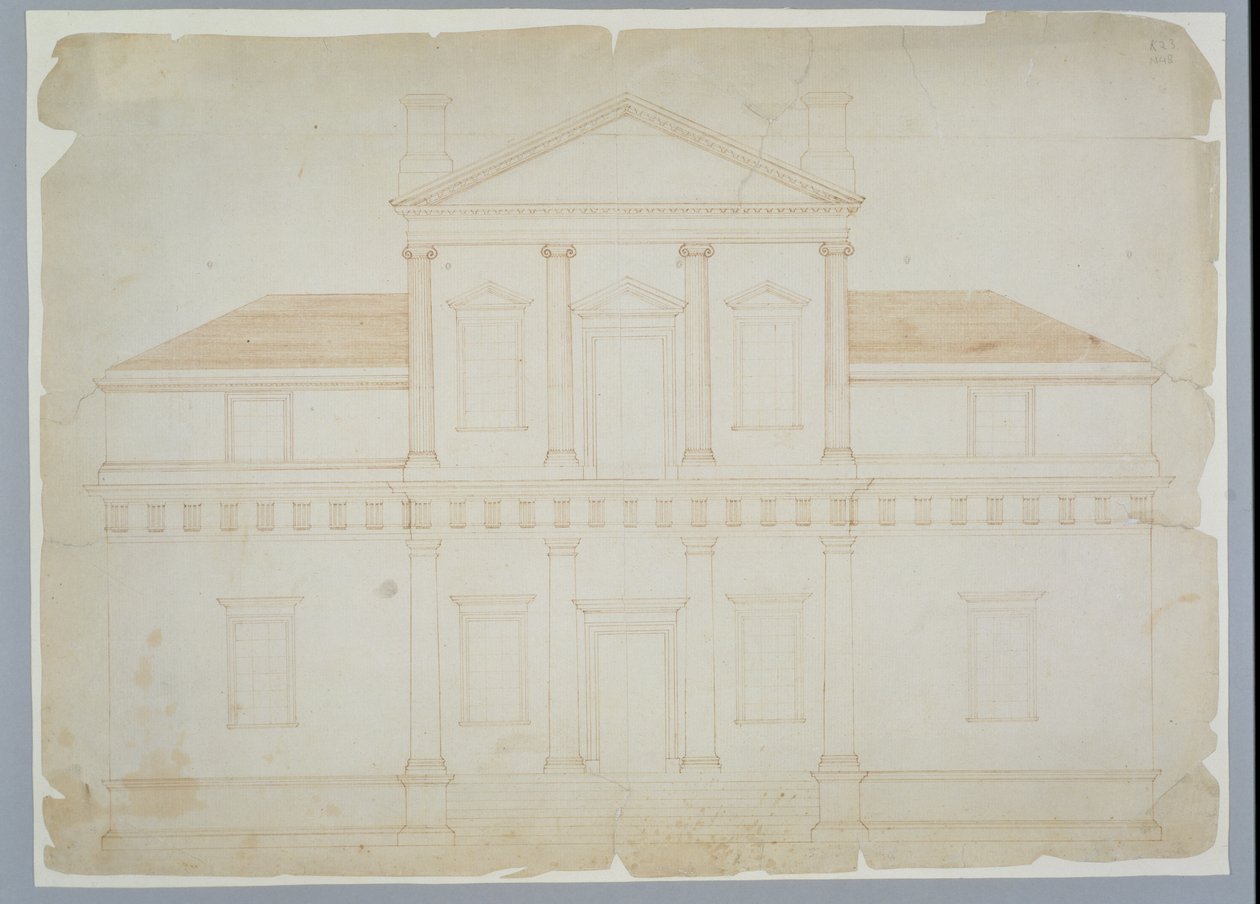Monticello, Pierwsza wersja (Elewacja), prawdopodobnie przed marcem 1771 (brązowy tusz na papierze czerpanym) autorstwa Thomas Jefferson