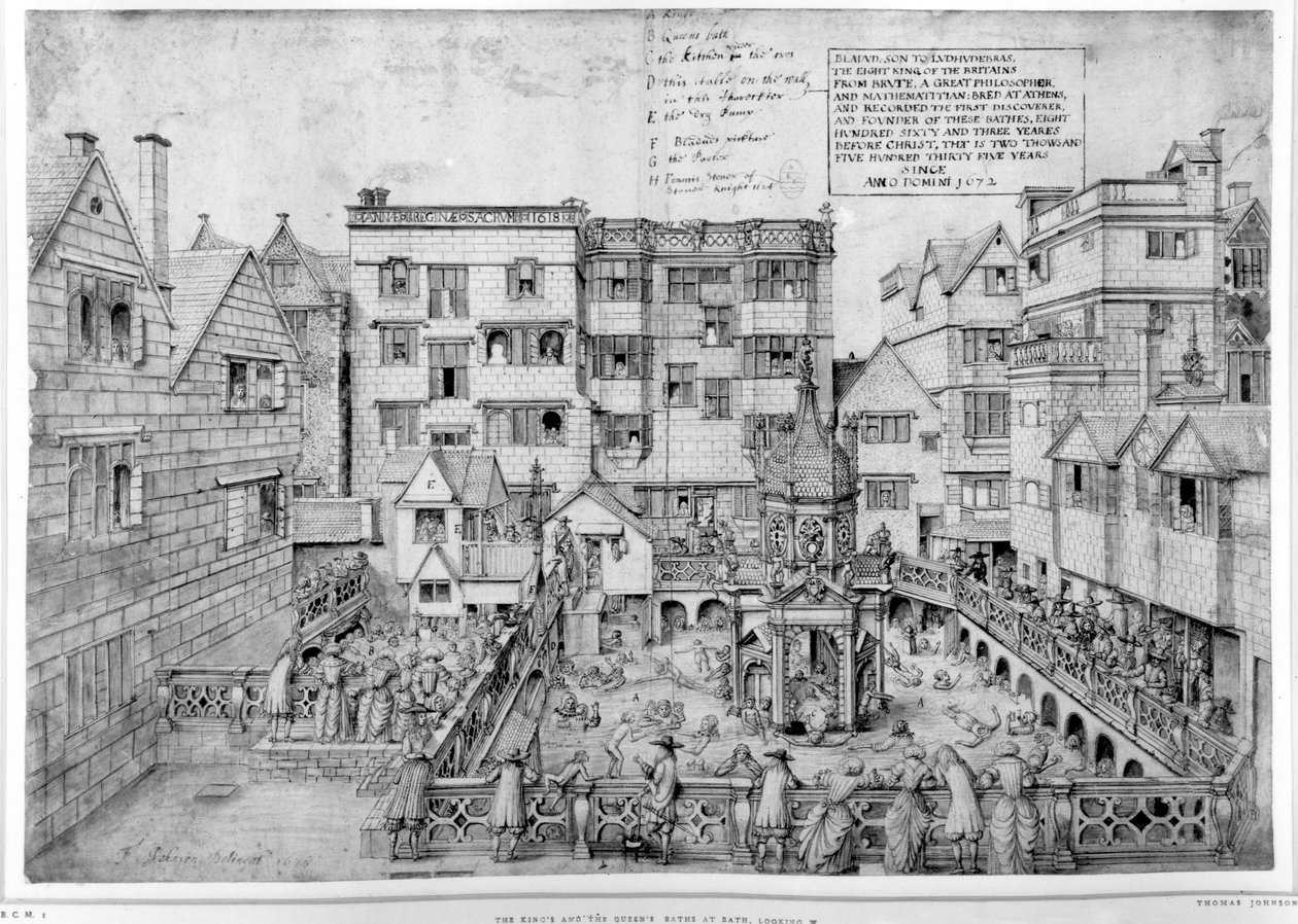 Łaźnia Króla i Łaźnia Królowej, 1675 (pióro i czarny tusz) autorstwa Thomas Johnson