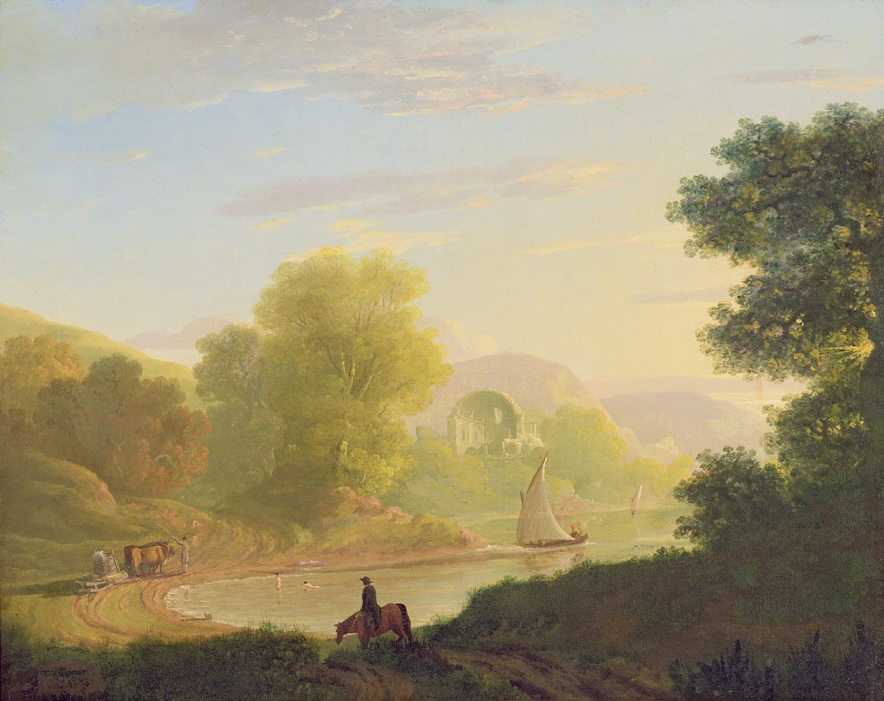 Wyimaginowana scena na wybrzeżu, ze świątynią Wenus w Baiae, 1773 autorstwa Thomas Jones