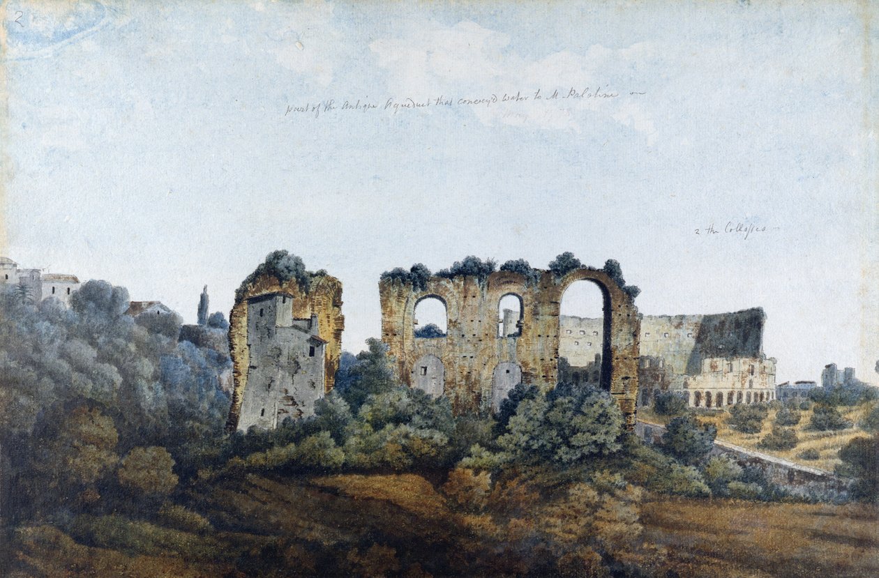 Akwedukt Claudean i Koloseum, 1778 (wc nad grafitem na papierze czerpanym) autorstwa Thomas Jones