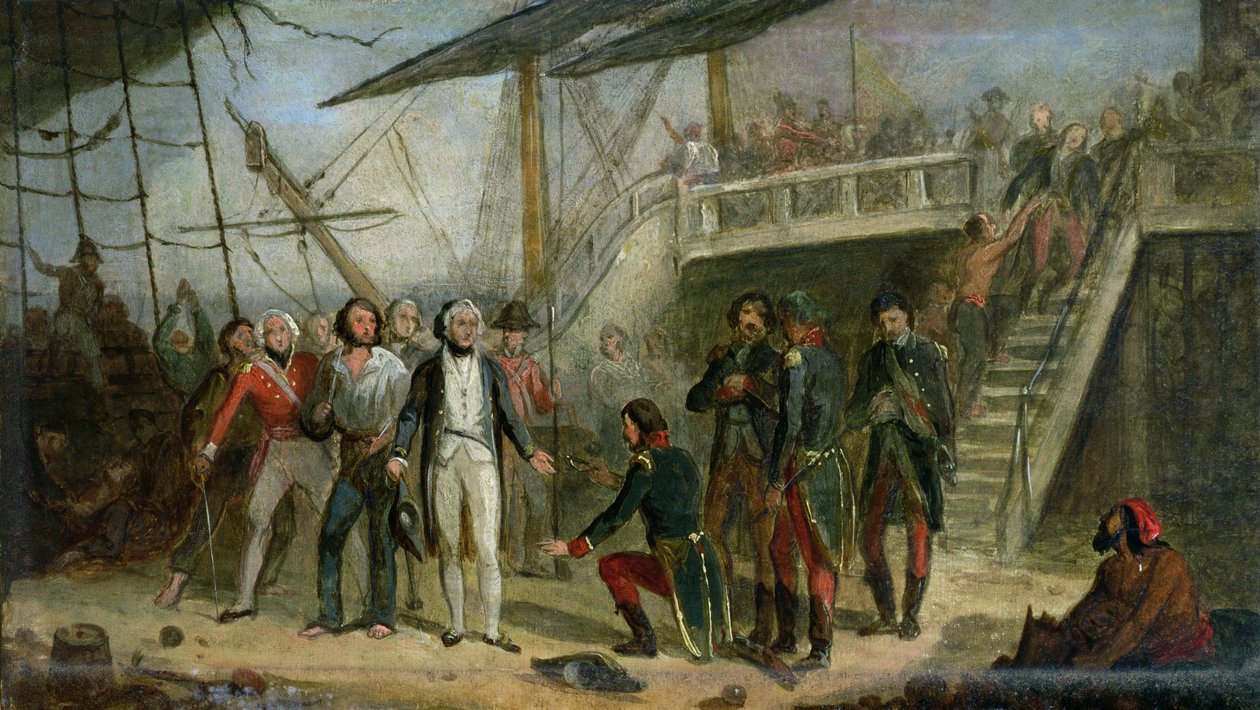 Nelson wsiadanie na pokład „San Josef” 14 lutego 1797 r. po zwycięstwie sir Johna Jervisa na przylądku St. Vincent autorstwa Thomas Jones