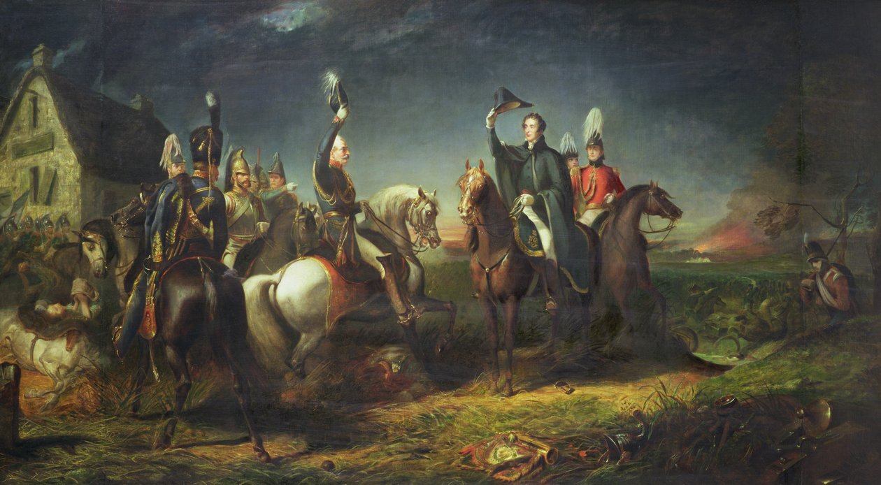 Spotkanie księcia Wellington i feldmarszałka Bluchera w wieczór zwycięstwa Waterloo w La Belle Alliance autorstwa Thomas Jones