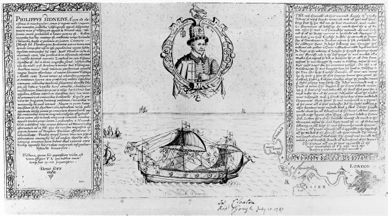 Czarna szalupa przynosząca ciało Sir Philipa Sidneya z powrotem do Londynu, wyd. w 1588 autorstwa Thomas Lant