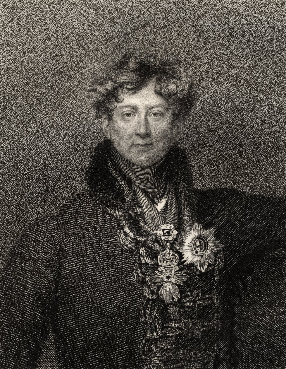 Król Jerzy IV, rytowany przez Edwarda Scrivena (1775-1841), z tablicy Williama Findena (1787-1852), z "Narodowej Galerii Portretów, tom II", wydanej ok. 1835 r. autorstwa Thomas Lawrence