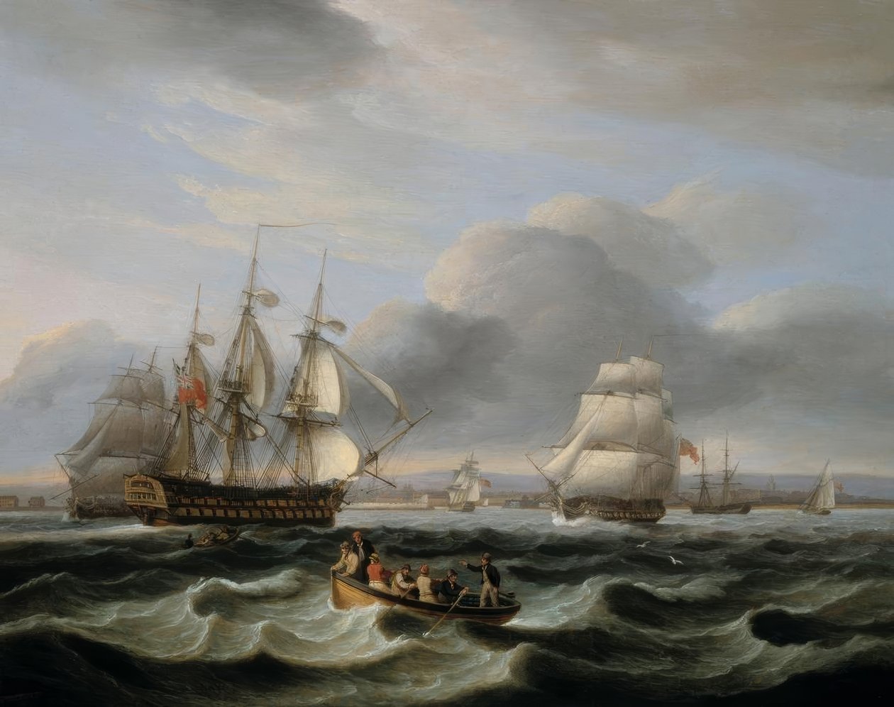 Brytyjscy żołnierze wojny i inne statki z portu Portsmouth autorstwa Thomas Luny